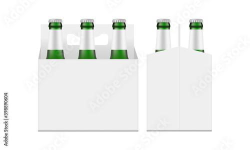 Green Beer Bottle Carrier Packaging Box Mockup, Front and Side View, Isolated on White Background. Vector Illustration
