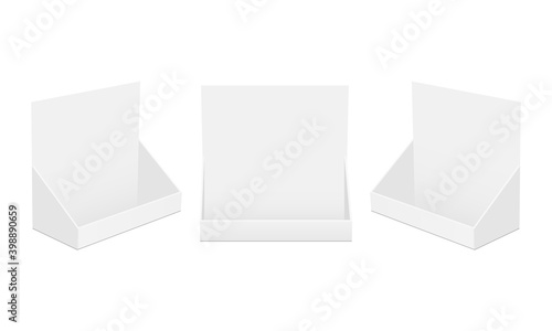 Set of Cardboard Display Boxes Isolated on White Background, Front and Side Views. Vector Illustration