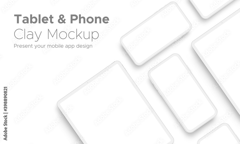 Mobile App Design Tablet Computer and Smartphone Clay Mockup With Space for Text Isolated on White Background. Vector Illustration - obrazy, fototapety, plakaty 
