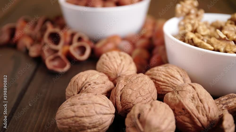 Walnuts and shelled hazelnuts on the table
Walnuts and shelled hazelnuts on the table