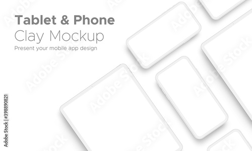 Mobile App Design Tablet Computer and Smartphone Clay Mockup With Space for Text Isolated on White Background. Vector Illustration