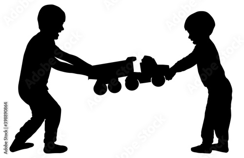 Children fight over a toy. Brothers quarrel. Silhouette vector