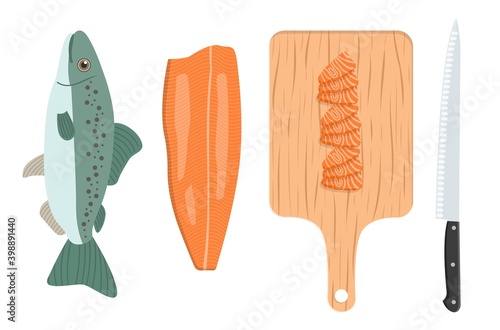 salmon fish with its meat on a wooden cutting board