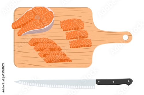 salmon pieces on a wooden cutting board