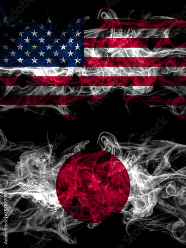 United States of America, America, US, USA, American vs Japan, Japanese smoky mystic flags placed side by side. Thick colored silky abstract smoke flags