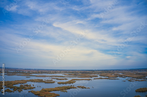 Irresistible floods on the Samara river on the dnieper in the evening light