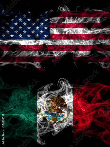 United States of America, America, US, USA, American vs Mexico, Mexican smoky mystic flags placed side by side. Thick colored silky abstract smoke flags photo