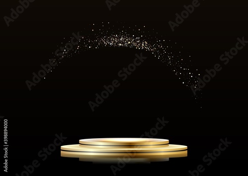 Golden podium on a dark background, with sparkles. First place, fame and popularity.