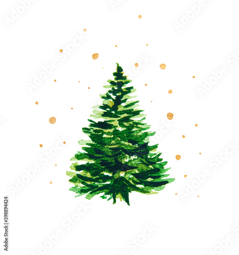 Green Christmas tree on a white background with gold stars. Watercolor drawing