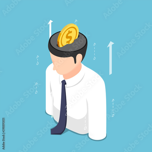 Isometric Golden Coin Putting Inside Businessman Head