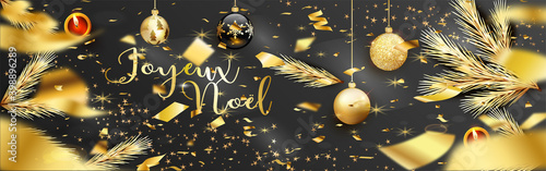 carte ou bandeau sur Joyeux Noël en or sur un fond noir en dégradé avec des boules de Noël noire et or, des serpentin or,  bougies rouge, branches de sapin or avec un effet bokeh