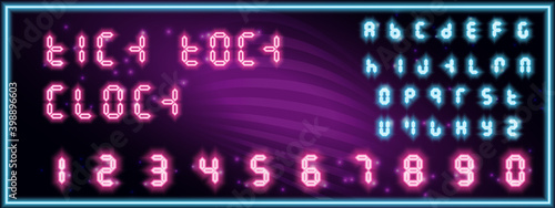 Neon alphabet with clock numbers. Vector illuminated effect. All numbers also included. Retro style template. Glowing neon script with the English alphabet.