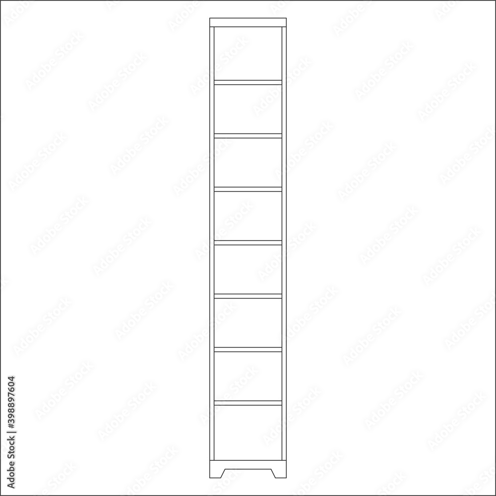 Vector illustration. Outline of a bookcase in the interior of a house or apartment. Isolated on a white background.