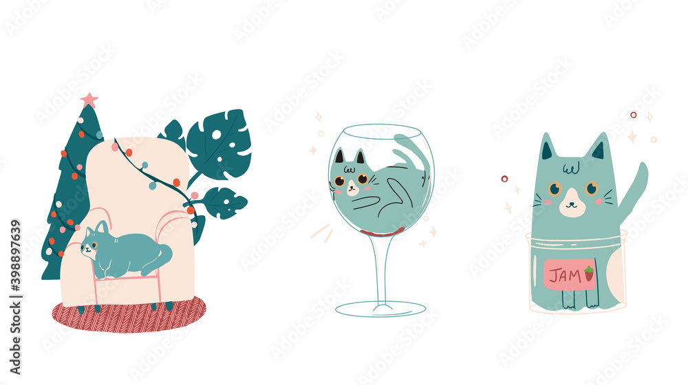 Funny cat illustration. cat climbed in the wine glass Stock Vector