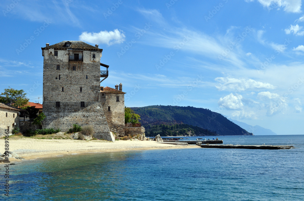 Tower of Prosphorion, Ouranoupolis, Greece, September 11, 2012. View of Athos. Tower of Prosphorion, Ouranoupolis, Greece, September 11, 2012. View of Athos.