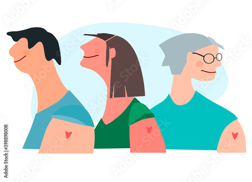 Vaccination time concept. Happy people of different age and gender after vaccine injection in shoulder. Vector illustration with place for text. Campaign banner, poster, flyer, social media post