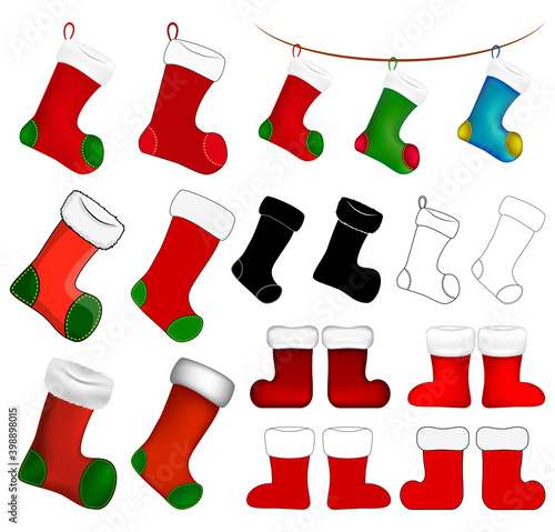 Empty christmas sock icon set. Cartoon stocking symbol collection. Winter holiday decoration. Vector illustration isolated on white background.
