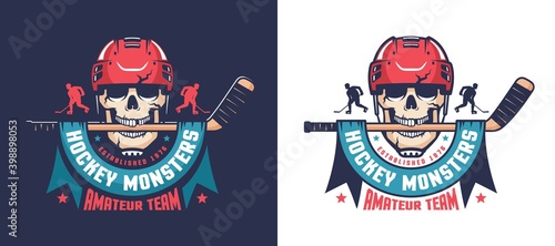 Retro skull hockey emblem. Hockey team mascot - skeleton in helmet with stick. Vector illustration.