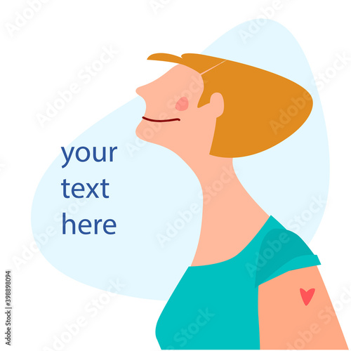 Vaccination time concept. Stop coronavirus concept. Happy woman after vaccine injection in shoulder. Vector illustration with place for text. Campaign banner, poster, flyer, social media post template