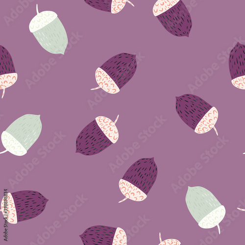 Seamless random pattern with hand drawn acorn doodle silhouettes. Autumn print in purple and blue tones.