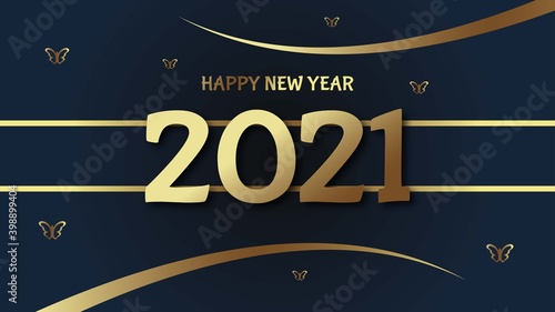 Happy new 2021 year! Elegant gold text with light. Minimalistic text