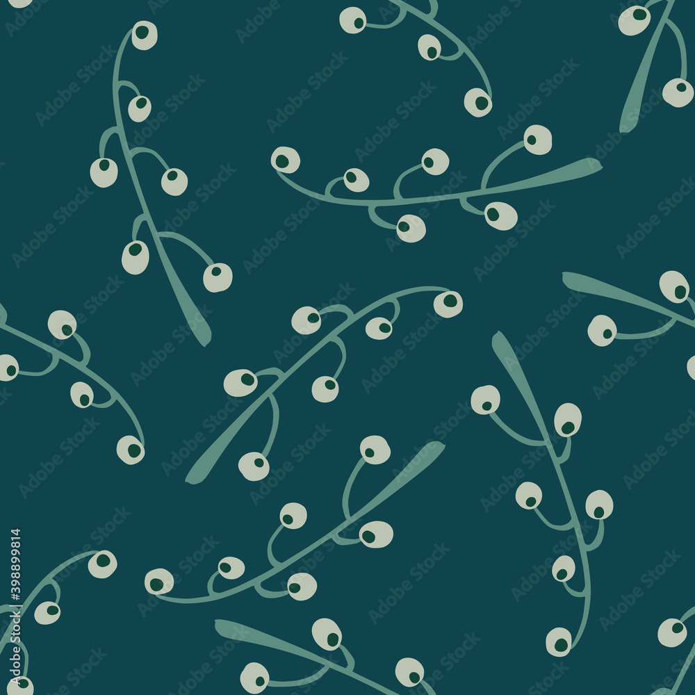 Simple random seamless pattern with branches and berries. Turquoise dark background. Simple random seamless pattern with branches and berries. Turquoise dark background.