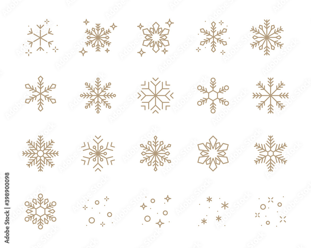set of snowflake thin line icons, christmas, new year, snow