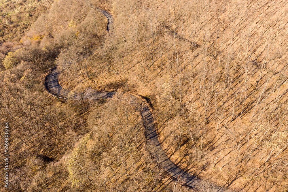 Aerial drone view from a cury road