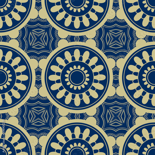 Ethnic seamless tight vector pattern. Blue and gold mandalas