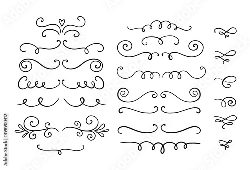 Vector dividers and swirls. Hand drawn doodle design elements. Decorative curls and swirls. A collection of vintage vector design elements. Ink illustration.
