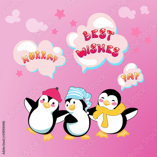 Best wishes card with cute cartoon penguins. Three funny characters are happy to express their joy. Vector illustration on bright pink background. All objects are organised in groups and layers.