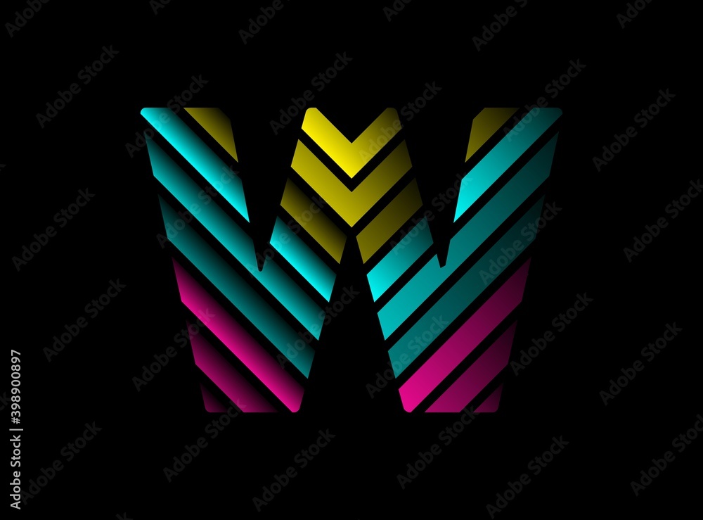 W letter font logo with cmyk color. Dynamic split blue, pink, yellow ...