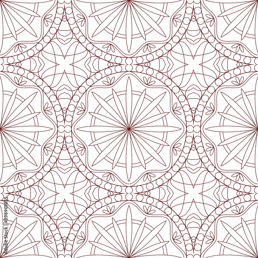 Mandala flower seamless pattern vector. A symmetrical round red line ornament.