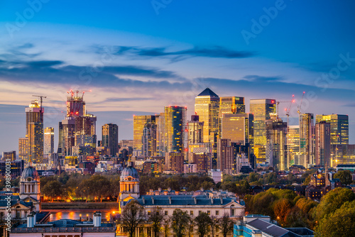 Canary Wharf financial district of London at sunset photo