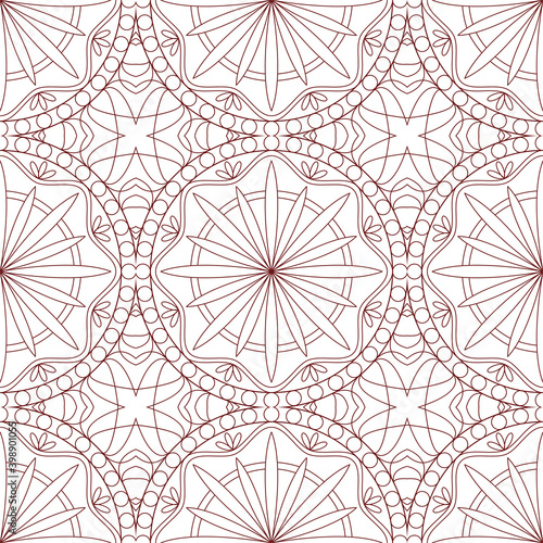 Mandala flower seamless pattern vector. A symmetrical round red line ornament.