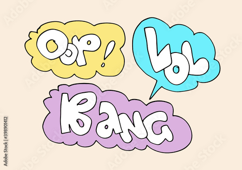 Handdrawn arrows, borders set with handwritten text:oop,lol and bang. Vector icon.