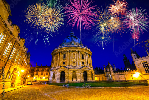 Fireworks display near the Radcliffe camera science library in Oxford. England