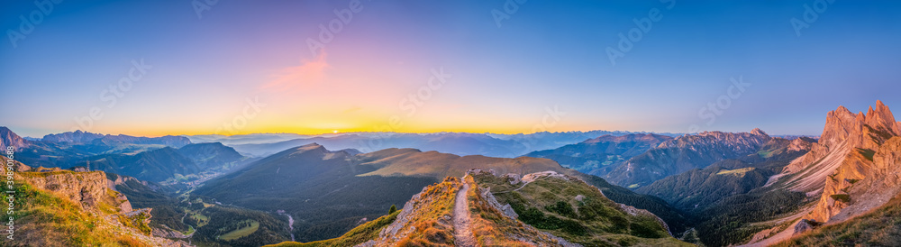 Sunrise panorama of Seceda peak in Dolomites Alps, South Tyrol, Italy, Europe