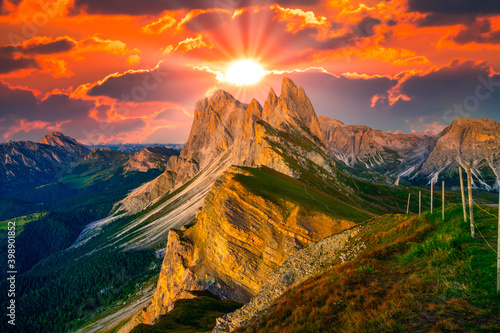 Amazing sunset view of Seceda peak in Dolomites . Italy © Pawel Pajor