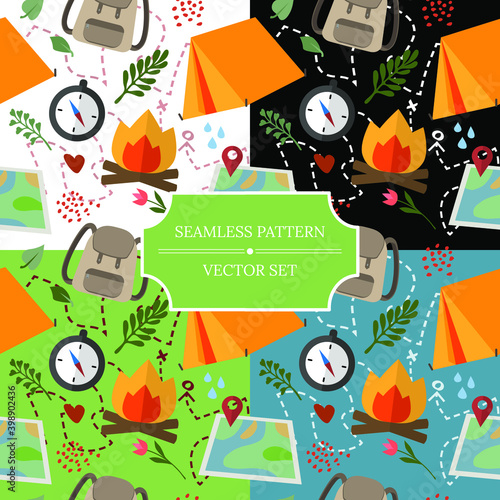 Set of seamless vector patterns with travel elements  hiking and camping. Collection of vector illustrations for designing posters  cards  prints  stickers  wallpaper  fabric  textile  gift paper