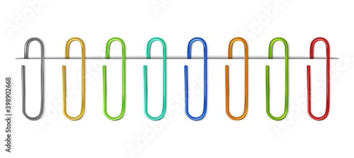 3d realistic colorful collection of paperclips on paper. Isolated on white background. photo