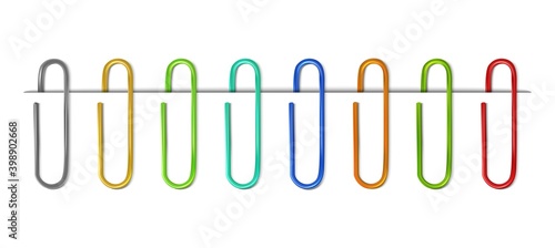 3d realistic colorful collection of paperclips on paper. Isolated on white background.