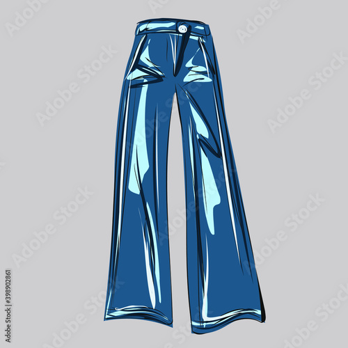 Flared jeans. Bell-bottomed trousers. Basic wardrobe. Score. Shopping. Clothes, shoes, bags for every day. Vector isolated images.