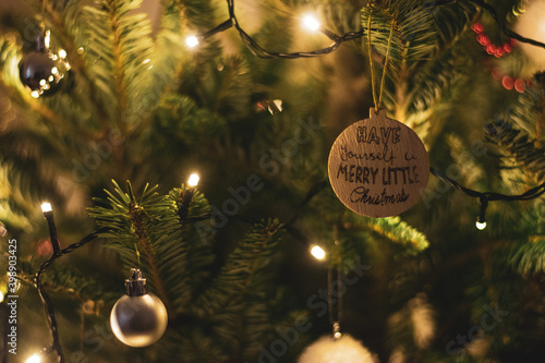 Have yourself a merry little Christmas. Merry Xmas. Christmas tree decoration. Christmas lights.