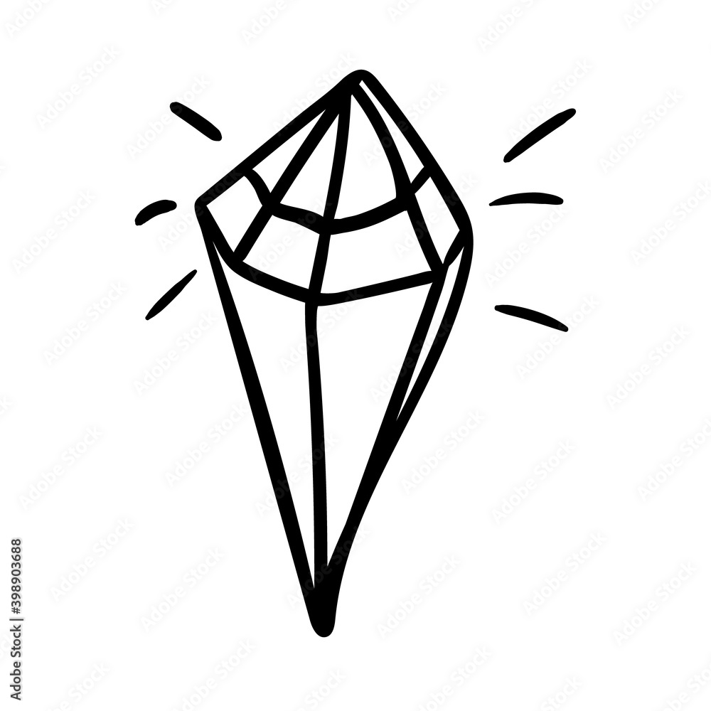 Diamonds and crystals graphic line drawing. Healing single crystal isolated on white background. Black and white mystical crystal. Hand drawn vector illustration in the doodle style Diamonds and crystals graphic line drawing. Healing single crystal isolated on white background. Black and white mystical crystal. Hand drawn vector illustration in the doodle style