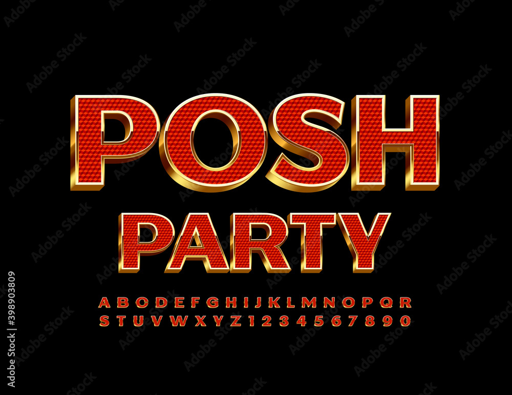 Vector stylish poster Posh Party. 3D Red and Gold Font. Luxury Alphabet Letters and Numbers set Vector stylish poster Posh Party. 3D Red and Gold Font. Luxury Alphabet Letters and Numbers set