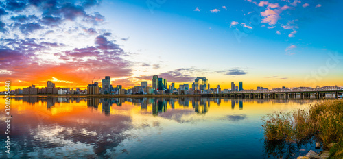 Skyline panorama of Osaka at sunrise. Japan photo