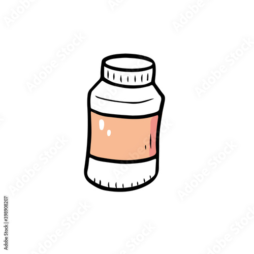 Hand drawn pill container element. Doodle sketch style. Bottle element drawn by digital brush-pen. Illustration for icon, sticker design.