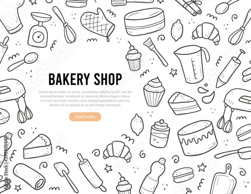 Hand drawn set of baking and cooking tools, mixer, cake, spoon, cupcake, scale. Doodle sketch style. Illustration for frame, banner, bakery site design.