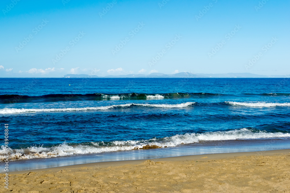  landscape with sea, waves, coast and mountains